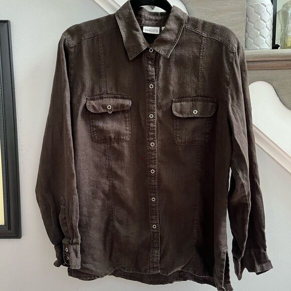 Chico’s Brown Linen Snap Up Button Down Shirt sz 1 or M/8 - Picture 1 of 5